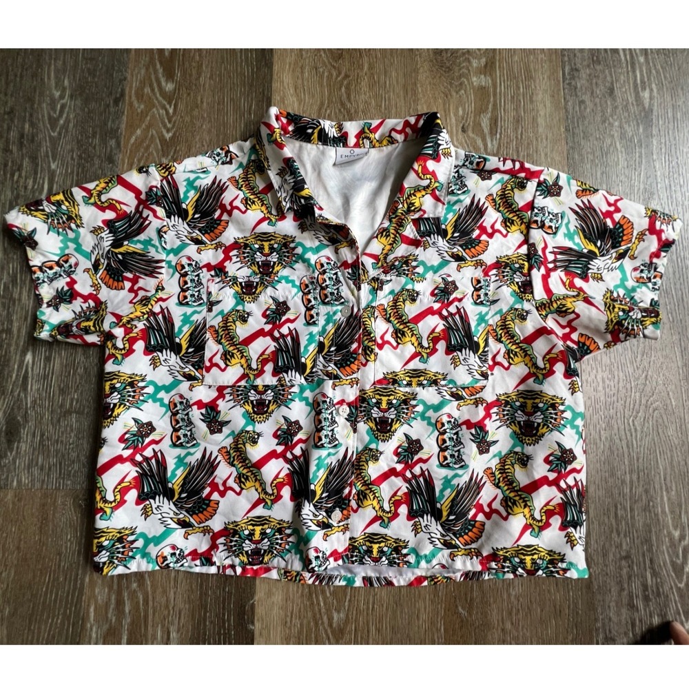 Empyre Button Down Shirt Women Small White Tattoo Print Tiger Eagle Cropped Boxy